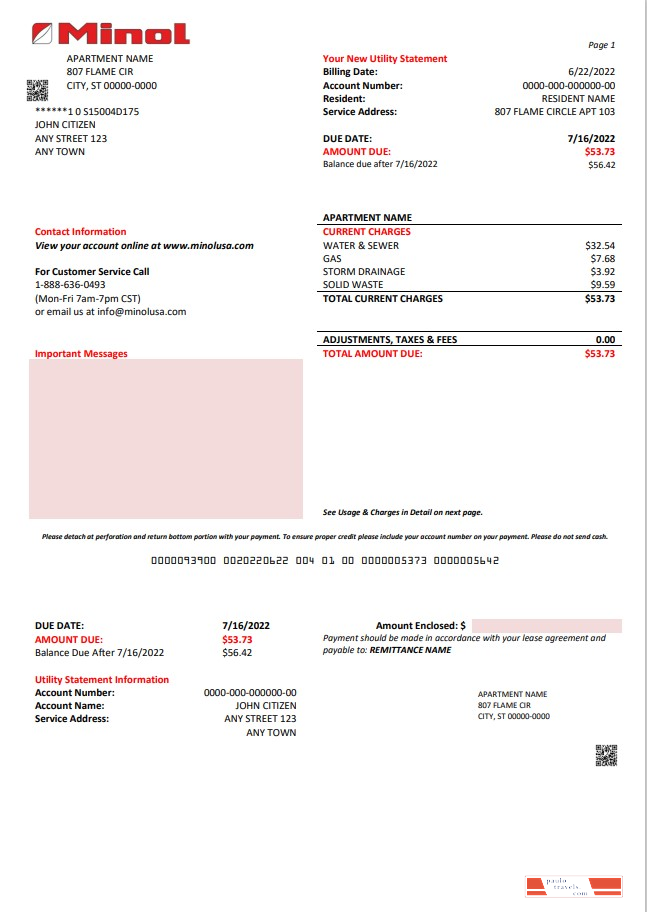 USA Texas Minol utility bill template in Word and PDF format